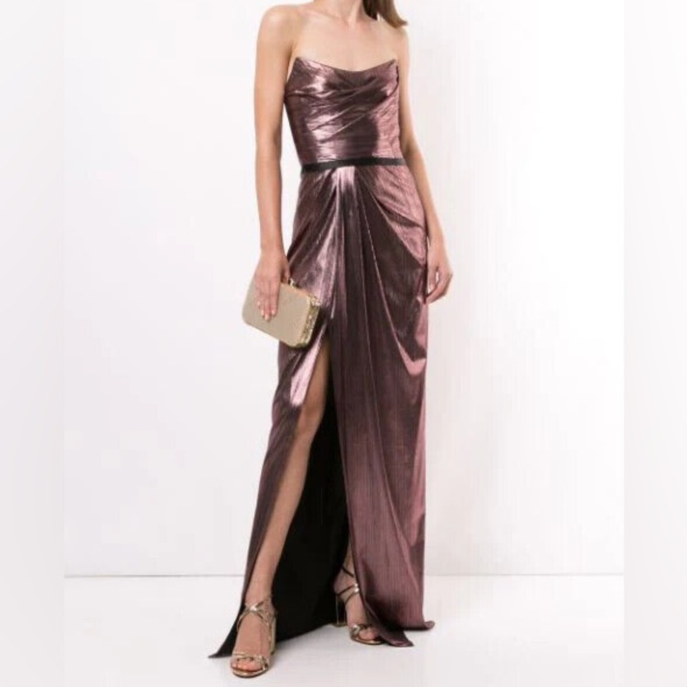 Marchesa Notte Metallic Belted Column Gown